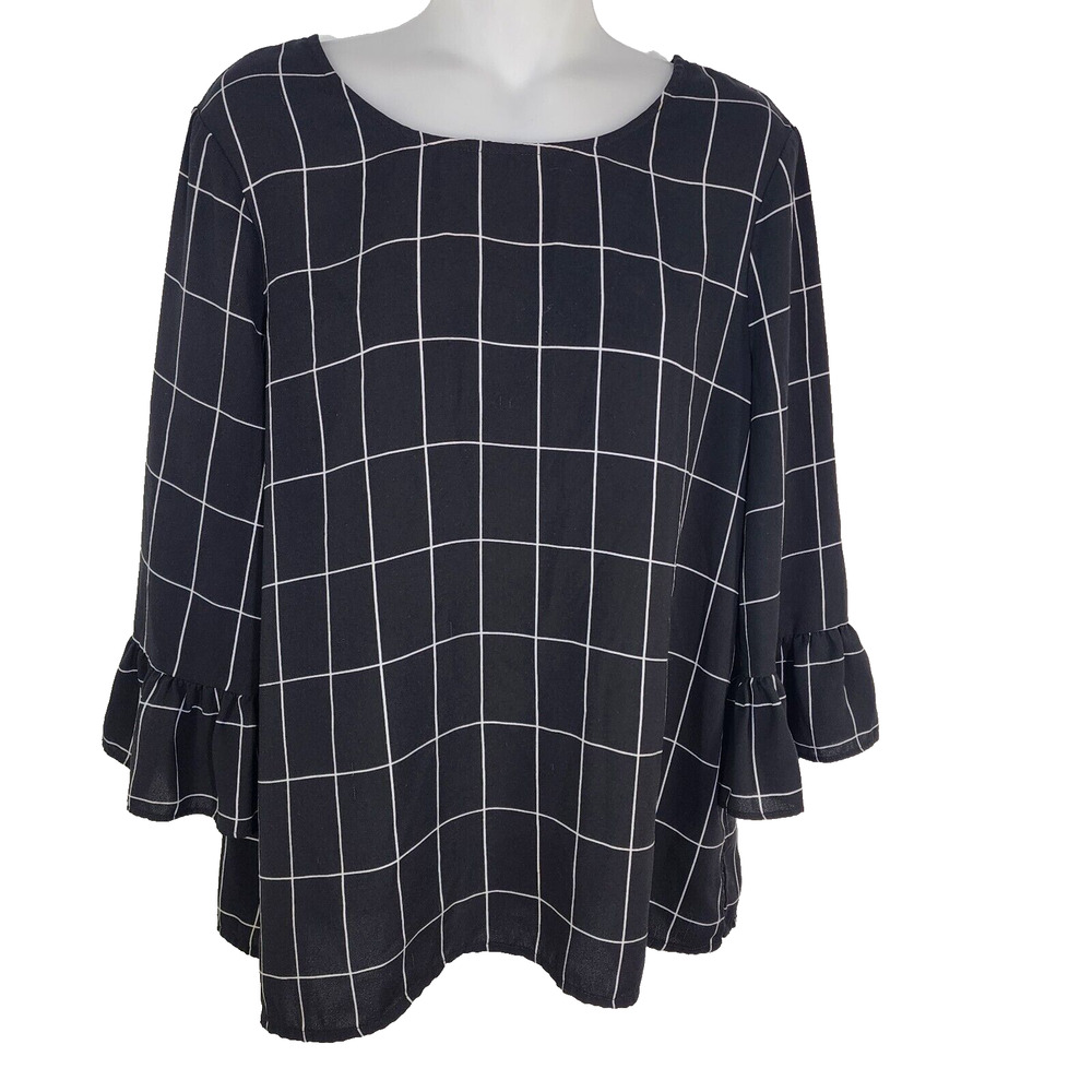 Adrianna Papell Womens Top Medium Black White Plaid Bell Sleeve Keyhole Relaxed
